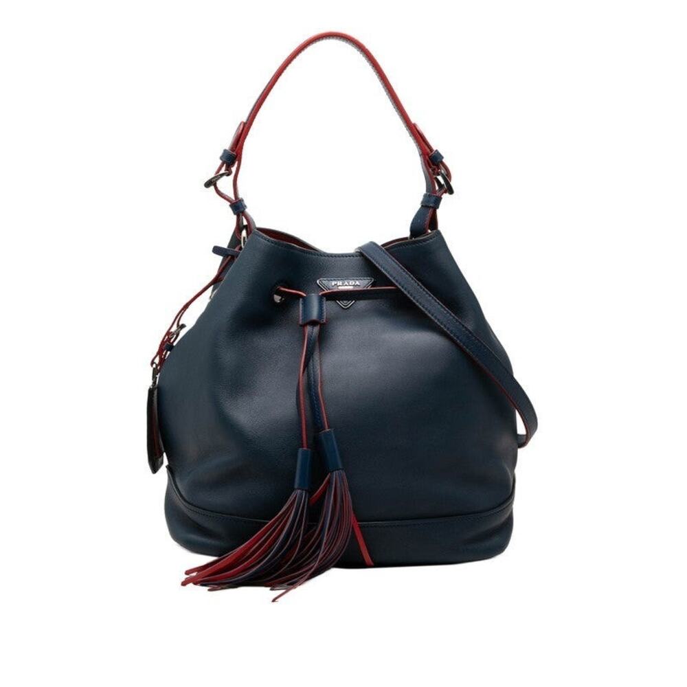 Prada Triangle Logo Plate Handbag Navy Leather